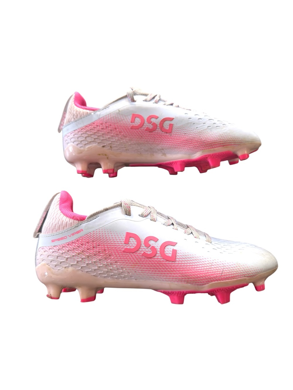 Kids DSG Speed Viper Ice Pink Soccer Cleats Size 13K | White & Pink Cleats